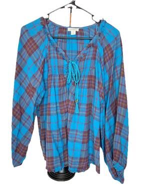 Sundance Catalog Plaid Boho Braided Tassel Shirt Balloon Sleeve Size Small